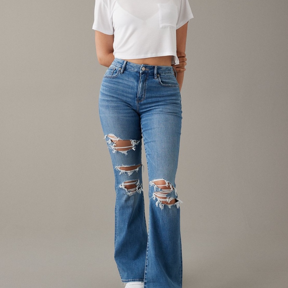 AE stretch curvy ripped super high-waisted rip flare jeans